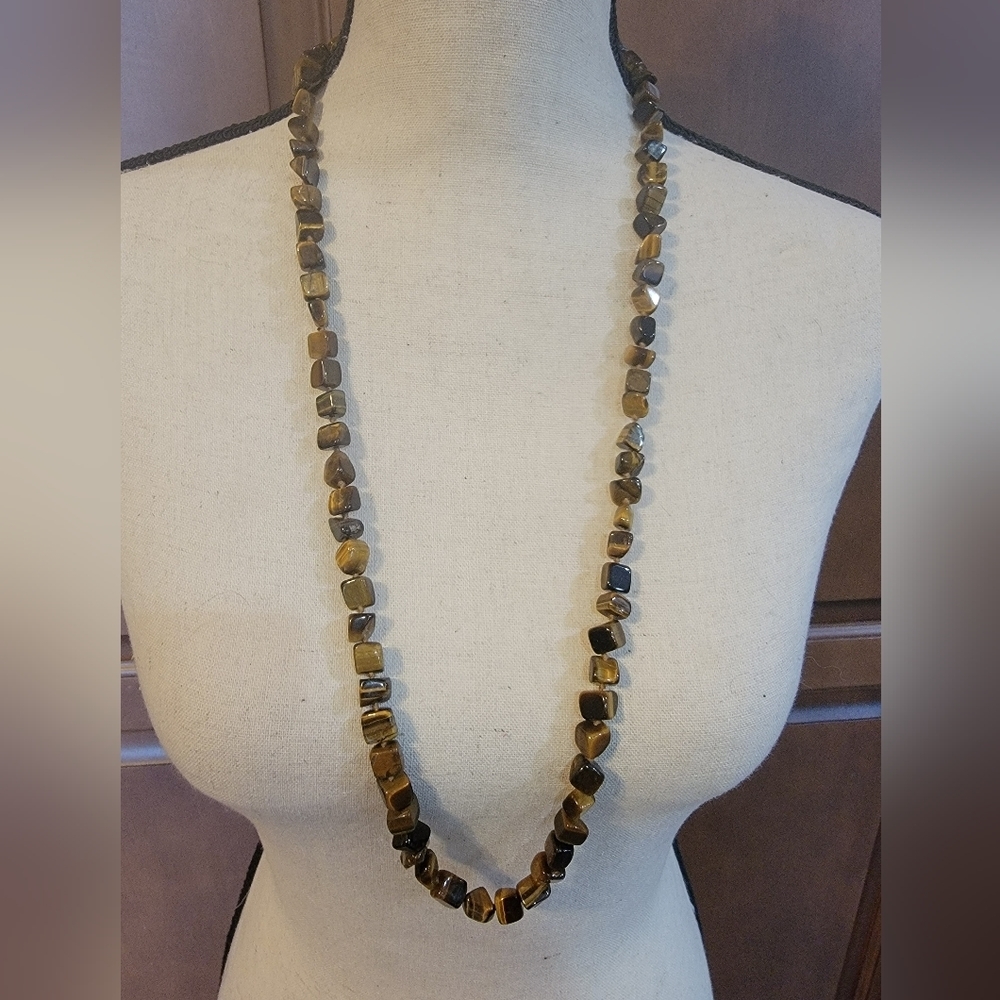 Natural Tiger’s Eye Stone Nugget Beaded Necklace Long 32 Inch